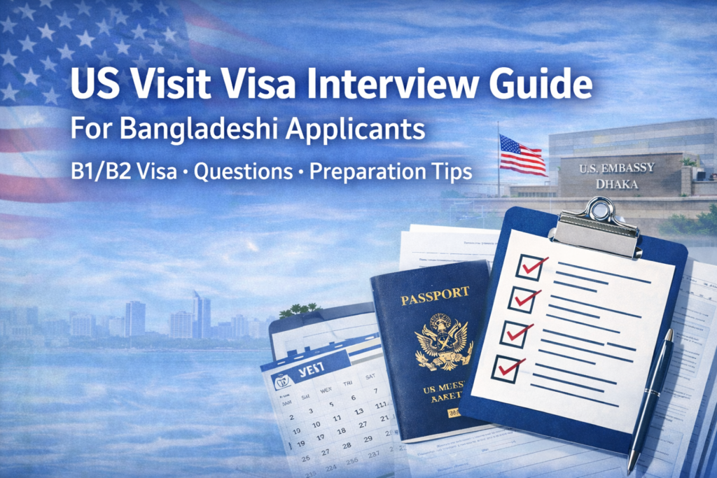 US Visit Visa Interview Preparation Guide for Bangladeshi Applicants (B1/B2) Applying for a US Visit Visa (B1/B2) from Bangladesh is not only about documents—it is largely about how well you perform in the US Embassy interview. Every year, thousands of Bangladeshi applicants face refusal mainly due to poor interview preparation, unclear answers, or lack of confidence. This comprehensive guide explains how to prepare for the US visit visa interview from Bangladesh, what visa officers expect, common mistakes to avoid, and how to present yourself as a genuine temporary visitor. Why the US Visit Visa Interview Is So Important The US visa interview is designed to assess one key point: Will the applicant return to Bangladesh after visiting the United States? Under Section 214(b) of US immigration law, every applicant is considered an intending immigrant unless they can prove otherwise. Your interview answers must clearly show: Strong ties to Bangladesh A genuine temporary travel purpose Financial ability to support your trip No intent to overstay or work illegally Documents support your case, but your verbal explanation decides the outcome. Understanding the US B1/B2 Visit Visa The B1/B2 visa is issued for: B1 (Business): Meetings, conferences, training, business discussions B2 (Tourism): Tourism, family visits, medical treatment Most Bangladeshi applicants apply for a combined B1/B2 visa. Important facts: Non-immigrant visa No work or study allowed Validity can be multiple-entry Duration of stay decided by US border officers Common Interview Questions for US Visit Visa US visa officers usually ask simple but strategic questions. Some common ones include: Travel Purpose Why do you want to visit the USA? Which cities will you visit? How long will you stay? Personal & Professional Background What do you do in Bangladesh? How long have you been working there? What is your monthly income? Financial Ability Who will pay for your trip? How much money do you have? Do you have bank statements? Family & Ties Do you have family in the USA? Who lives with you in Bangladesh? Are you married? Previous Travel History Have you traveled abroad before? Have you ever been refused a visa? Your answers must be clear, honest, and consistent with your DS-160 form. How to Prepare for the US Visit Visa Interview 1. Know Your Purpose Clearly You must be able to explain your visit in one or two sentences. Avoid vague or over-detailed stories. Example: I want to visit New York and Washington DC for tourism for 12 days during my annual leave. 2. Show Strong Ties to Bangladesh Visa officers look for reasons you must return to Bangladesh, such as: Stable job or business Family responsibilities Property or long-term residence Ongoing education or career growth You don’t need to show everything, just explain what naturally applies to you. 3. Be Honest About US Relatives Having relatives in the USA is not a reason for refusal. Lying about it is. If asked: Say who they are Mention their status if known Clearly state you are visiting temporarily Honesty builds credibility. 4. Financial Preparation Matters You don’t need to be rich, but you must show: Legitimate income Logical travel budget Consistency between income and expenses Never exaggerate your finances. 5. Dress and Body Language Your appearance should be: Clean and professional Comfortable and confident Respectful (not flashy) Body language tips: Maintain eye contact Answer confidently Avoid nervous explanations Don’t argue with the officer Documents You Should Carry (But Not Overuse) Carry documents only if asked, such as: Passport DS-160 confirmation Appointment confirmation Bank statements Employment letter Business documents (if applicable) Travel plan (optional) Over-pushing documents can hurt your case. Common Mistakes That Cause US Visit Visa Refusal Many refusals happen due to avoidable errors, including: Memorized answers Contradicting DS-160 information Showing immigrant intent Poor explanation of finances Depending on fake agents Overconfidence or nervousness Professional guidance helps eliminate these risks. Can You Reapply After a US Visit Visa Refusal? Yes, but only if: Your situation has improved You understand why you were refused You correct the previous mistakes Reapplying without changes often leads to repeated refusals. Role of a US Visa Consultant in Interview Preparation A professional US visa consultant can help by: Reviewing your DS-160 Identifying weak areas Structuring interview answers Conducting mock interviews Ensuring compliance with US rules However, no consultant can guarantee a visa. Genuine preparation is the key. Overview The US visit visa interview is not about trick questions, it is about clarity, honesty, and credibility. With proper preparation, realistic planning, and confident communication, Bangladeshi applicants can significantly improve their approval chances. Whether you are applying for tourism, business, or family visits, understanding the interview process and avoiding common mistakes makes all the difference. Important Notice Ab Consultancy Ltd is a visa consultancy firm, not a visa issuing authority. We provide professional guidance and document assistance only. Visa approval depends solely on the decision of the US Embassy.